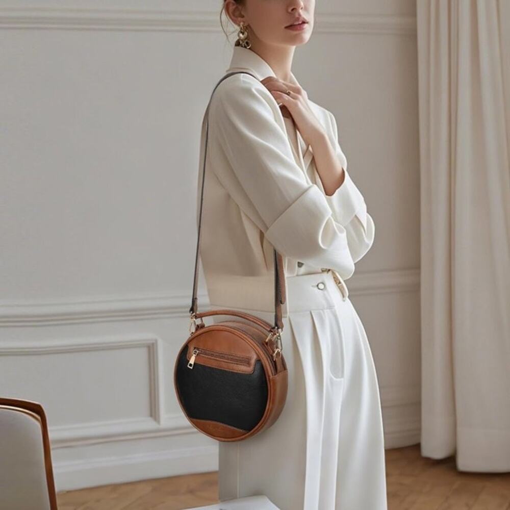 Top-Handle Crossbody Bag Soft Leather Trendy Purse Circle Handbags Small - Picture 3 of 6